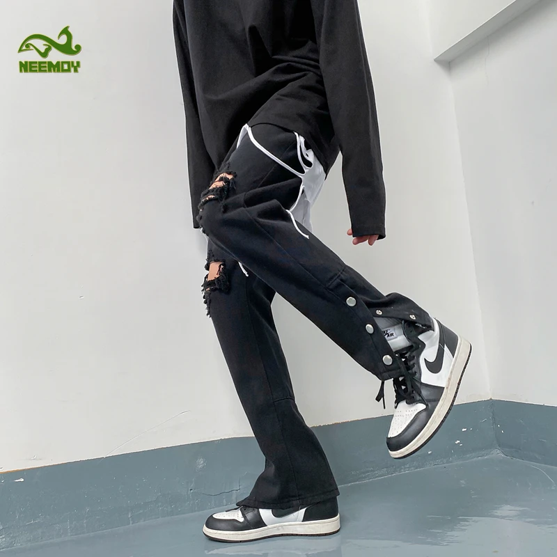 Neemoy 2022 New High Street Ripped Hole Hole Jeans Slim Flared Pants Men and Women High Waisted Denim Jeans Sexy Ripped Jeans