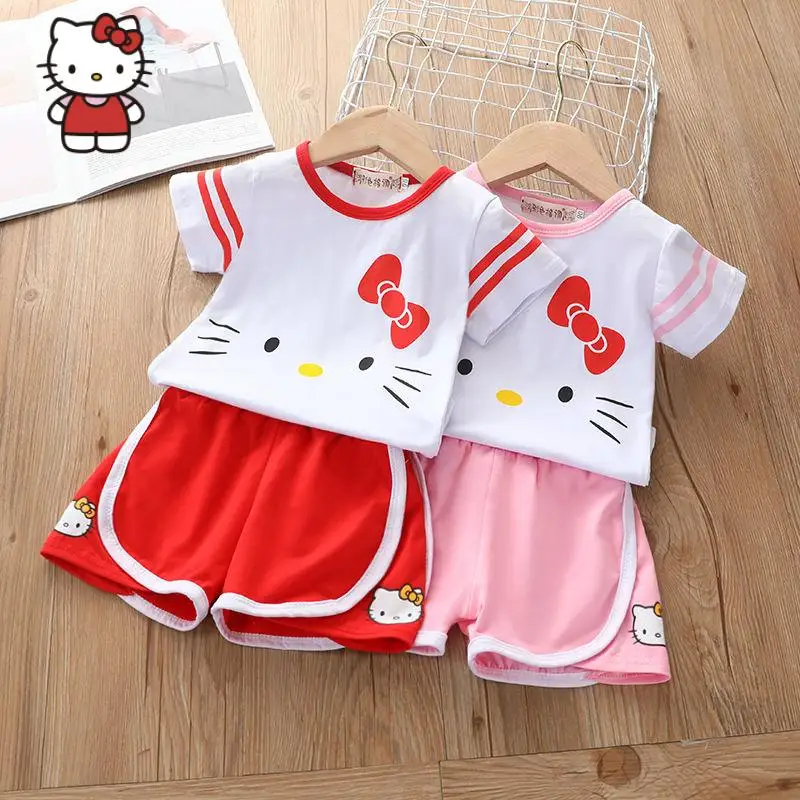 

Kawaii Sanrio Y2K, детский хлопковый костюм с принтом «Hello Kitty», летний повседневный костюм с героями мультфильмов, милый свободный спортивный костюм, подарок для девочек