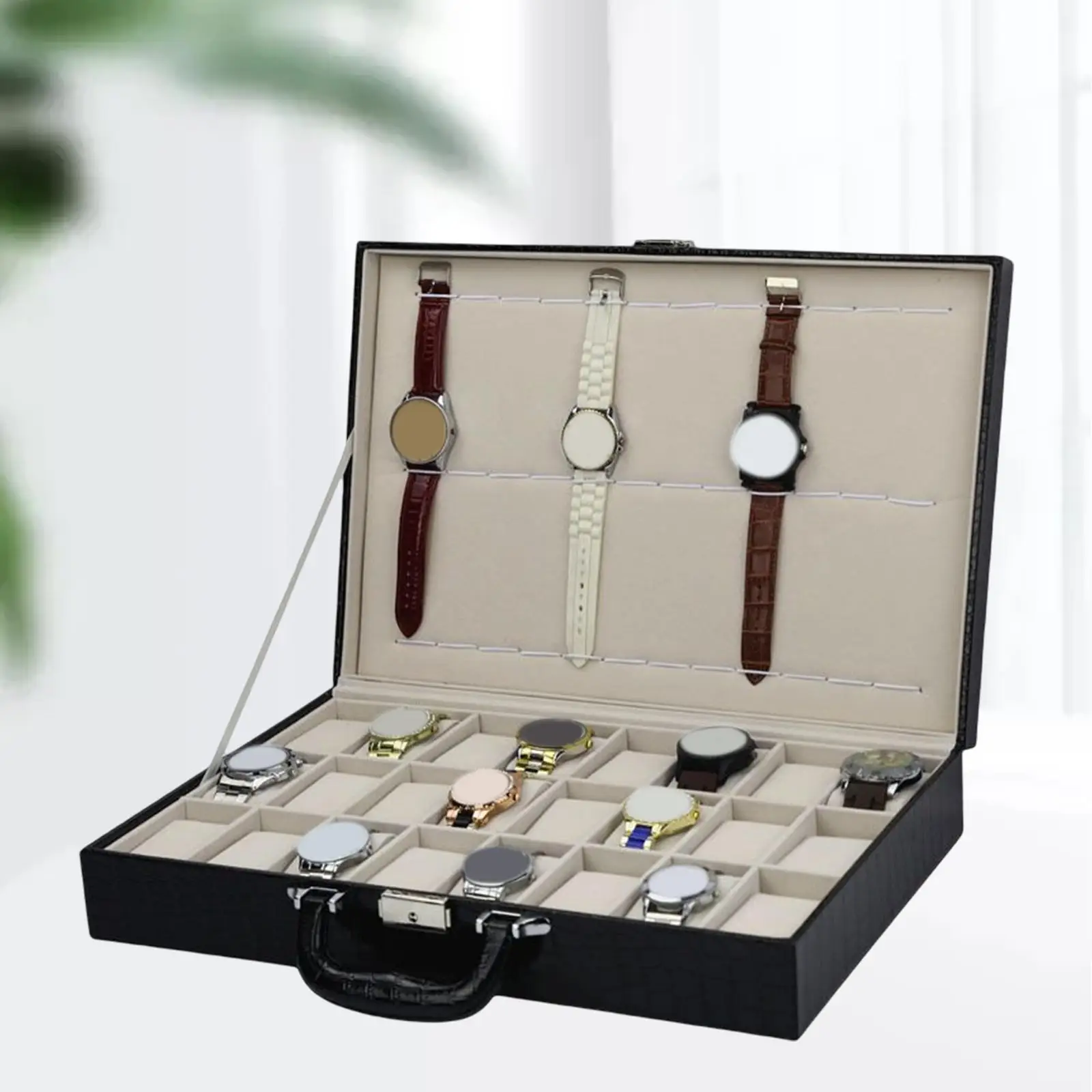 

PU Leather 36 Slot Watch Box Display Case W/Sturdy Hinges Watches Organizer