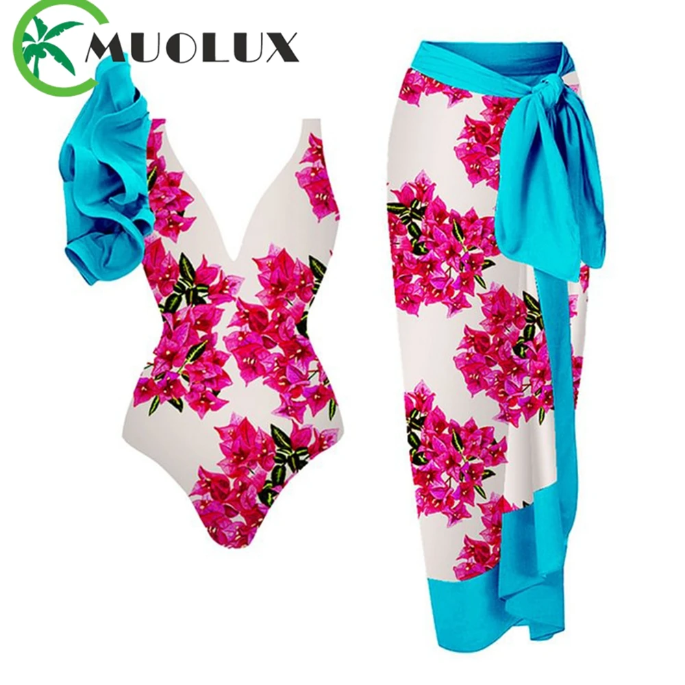 MUOLUX 2023 Sexy One Piece Swimsuit Women Swimwear 3D Flower Ruffle Print Monokini Sarong Beach Bathing Suits Cover Up Dress
