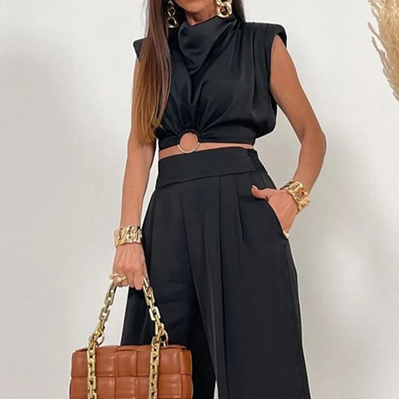 Summer New Women's Two Piece Fashion Solid Tank Top Sleeveless Long Loose Wide Leg Pants Suitable for Advanced Street Clothing