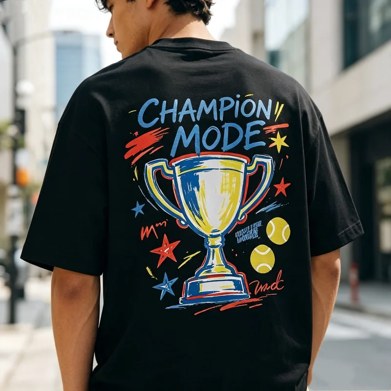 Фото Винтажная футболка Champion Mode Trophy с двусторонним принтом, хлопковая, с коротким рукавом, в стиле французского ретро, теннисная, повседневная, летняя, уличная одежда. №1
