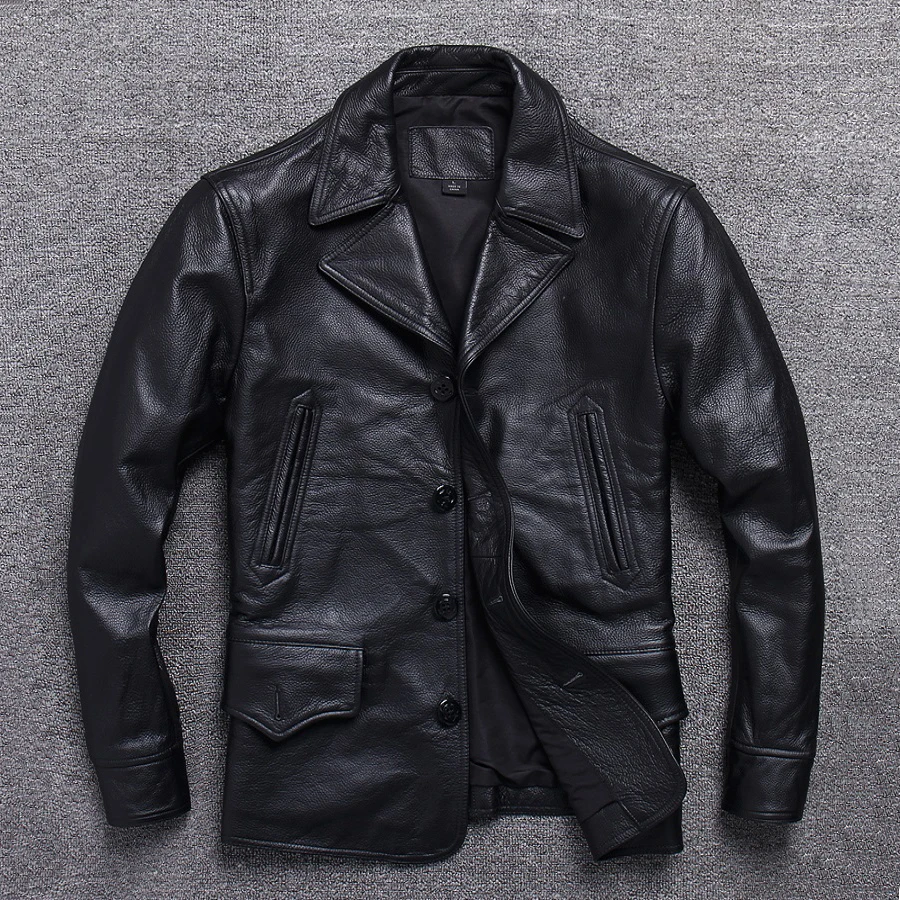 

Wind Plus Jacket Men Leather Кожаная Coat Casual Мужская Long Cloth Leather Куртка Genuine Jacket Cowhide Size Black Classic