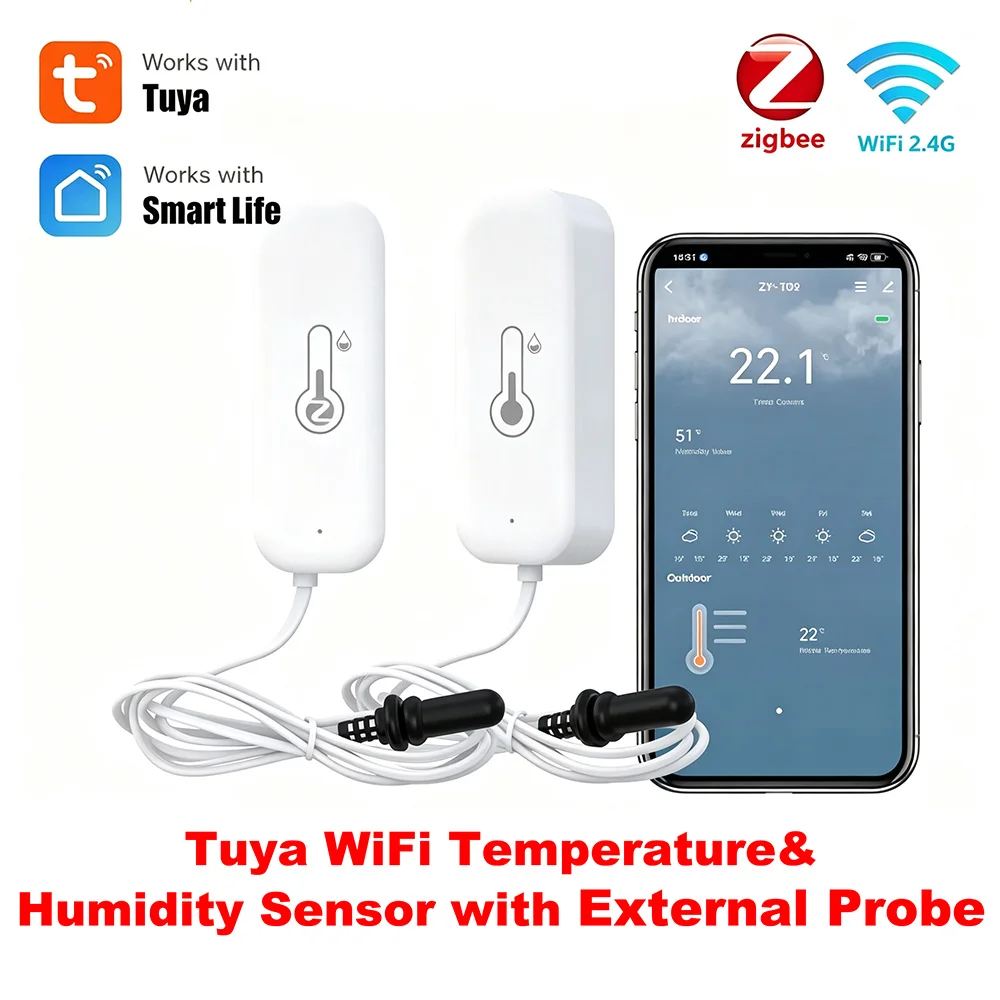 Фото Датчик температуры и влажности Tuya Zigbee WiFi с внешним датчиком, совместимый с умным домом, Smart Life, Google Home, Alexa №1