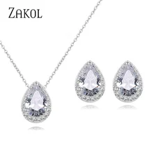 ZAKOL Classic White Color Water Drop Cubic Zirconia Jewelry Sets for Women Bridal Wedding Teardrop Earrings Necklace Bracelet