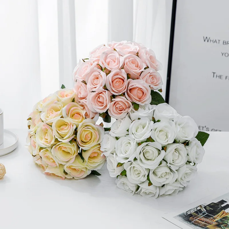 

18 Heads Rose Bouquets Bride Holding Wedding Gown Shooting Props Gift Simulated Home Tabletop Vase Decorative Fake Flowers Decor