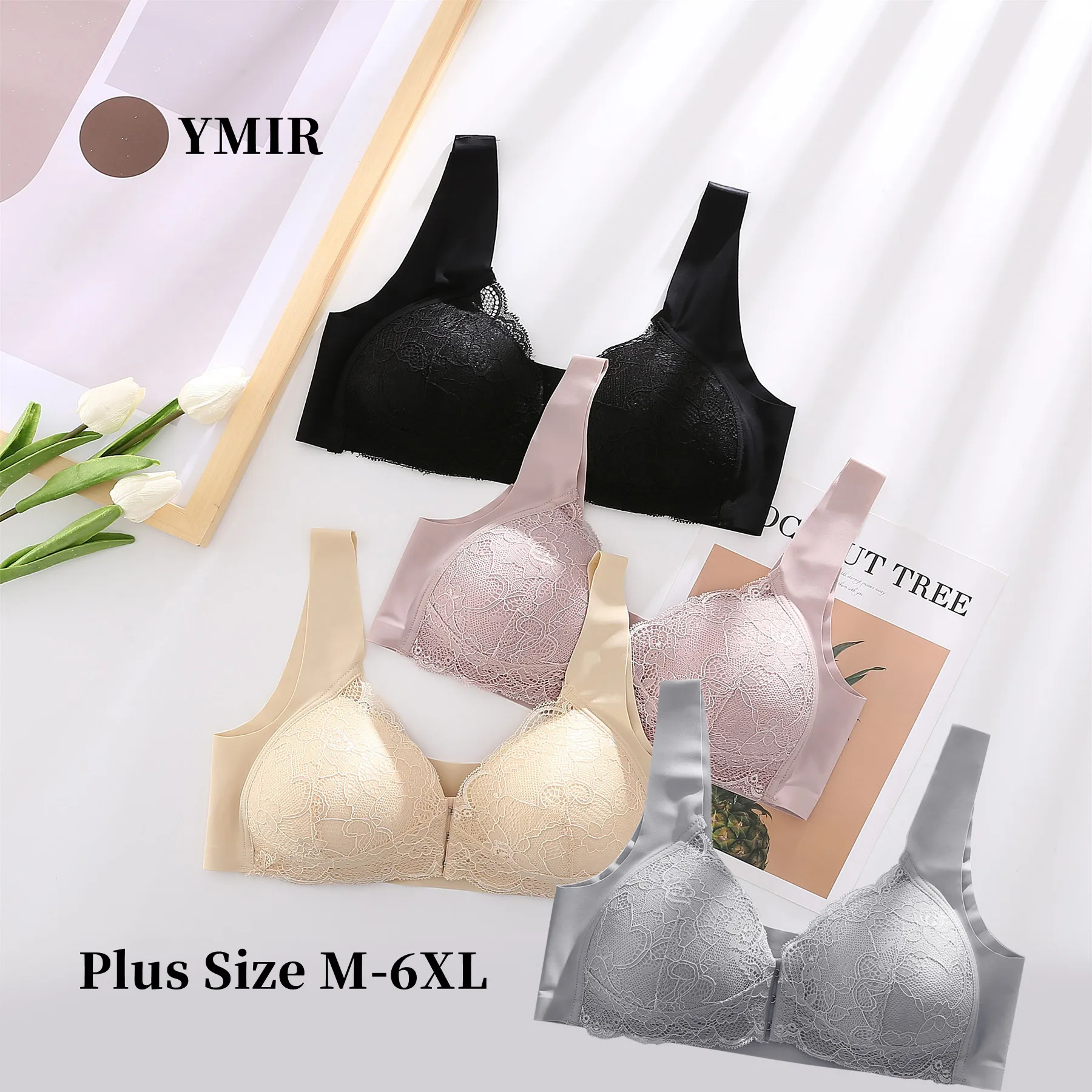 Женские размера плюс бюстгальтеры без стальных колец, красивый бюстгальтер с застежкой спереди, кружевное нижнее белье большого размера, бесшовный Привлекательный бюстгальтер пуш-ап