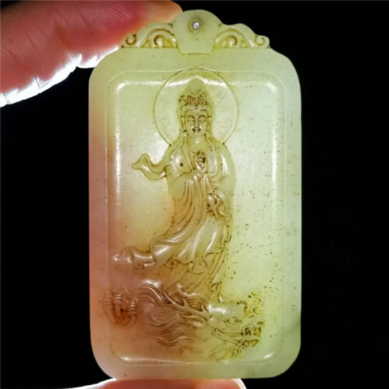 

Chinese Hetian Jade Hand Carved Pendant Necklace Statue Bodhisattva 0000