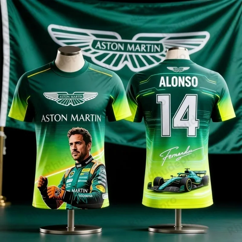 Фото Футболка с короткими рукавами Aston Martin Fernando Alonso 14 Racing Theme, повседневный дышащий топ с круглым вырезом для любителей гонок №1