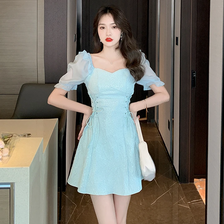 

Women One Piece Korea Dress Summer 2022 New French Style Cute Square Collar High Waist Blue Long Sleeve Dresses Dropshipping