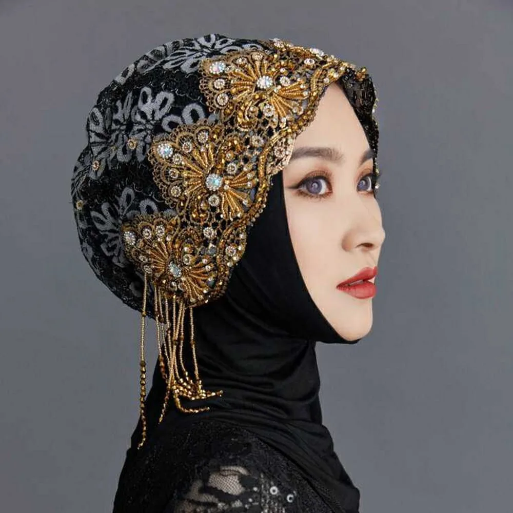 Women's New Muslim Beads Lace Hot Diamond Hat Dubai Turkey India Abaya Arab Islamic Women Morocco Kaftan Hoodie Hat
