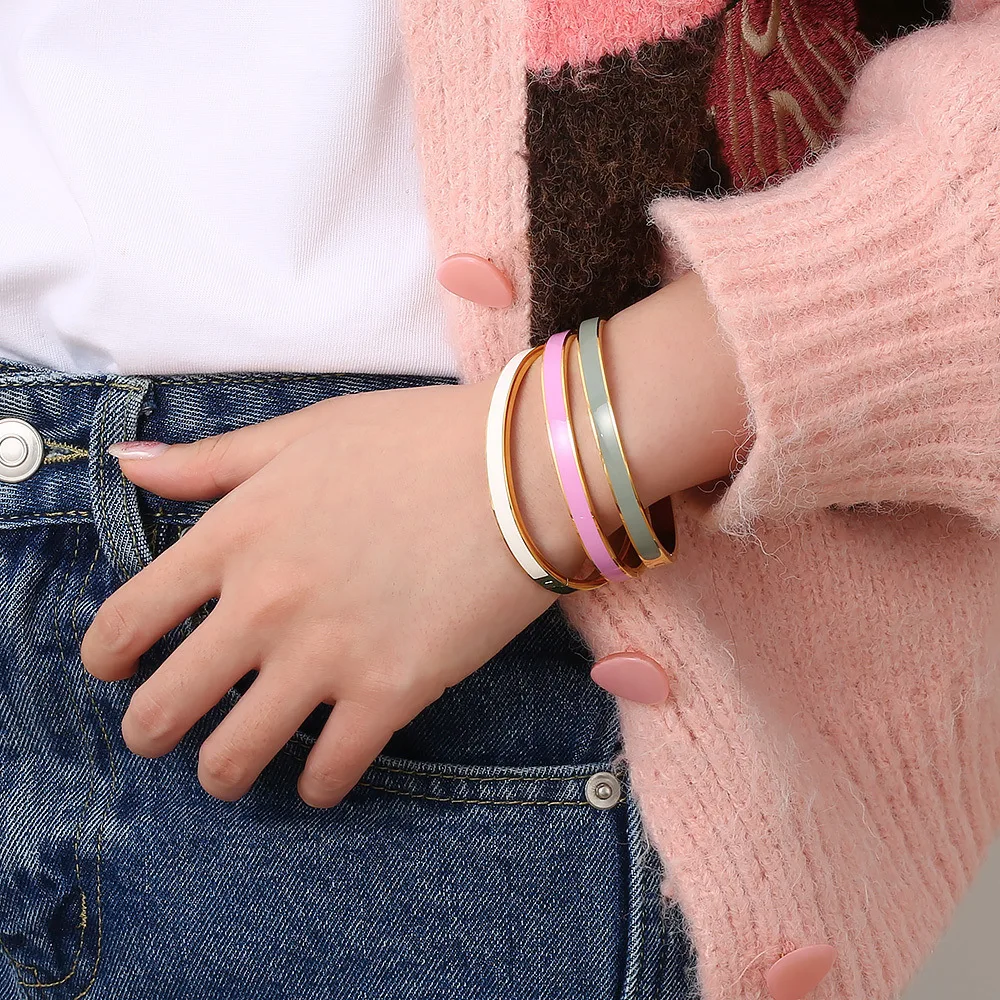 Фото Luxury Colorful Orange Enamel Bangles Bracelets for Women Party Gift Fashion Bangles Original Stainless Steel Jewelry №2