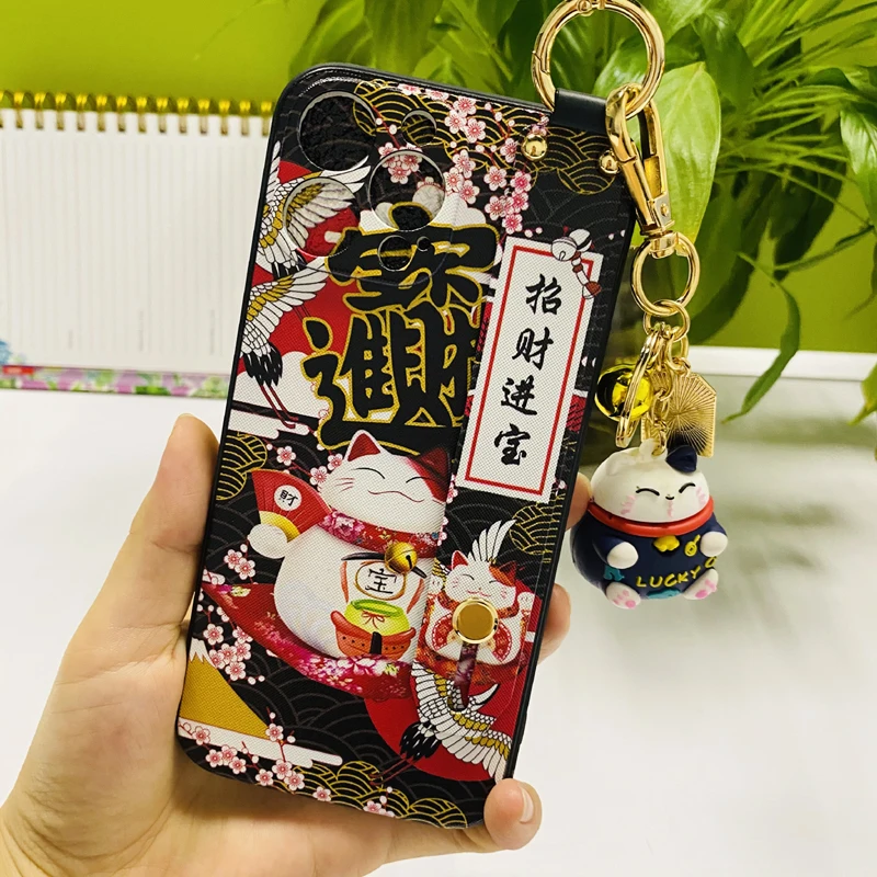 3D Emboss Lucky Cat Phone Case For iPhone X XS XR 11 12 13 14 Pro MAX 7 8 Plus Soft Back Cover Wrist Strap case Coque