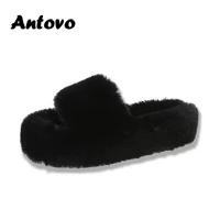 antovo 2022 korean version women winter house furry slippers women fluffy fur home slides flat indoor floor shoes flip flops