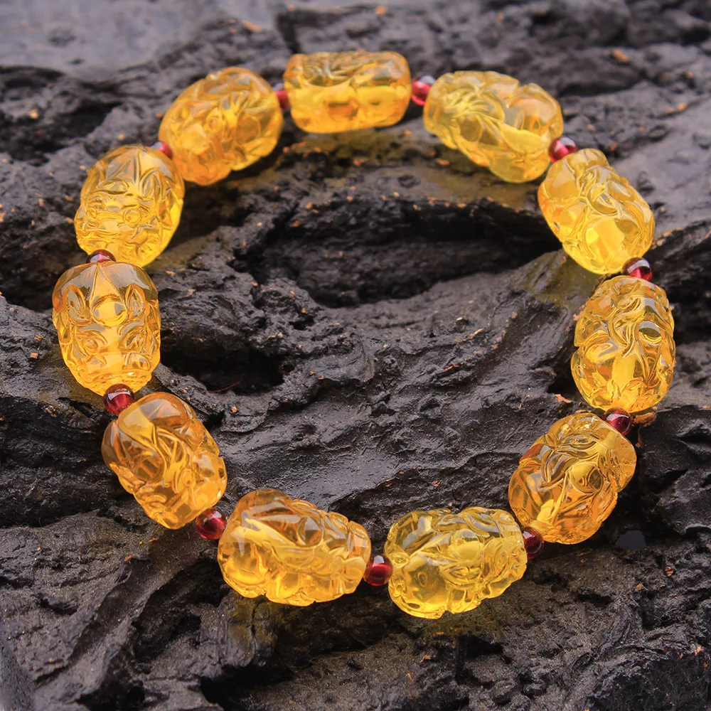 

Natural Amber Pixiu Garnet Bead Bracelet For Men Women Lucky Amulet Natural Gemstone Healing Bracelet Fine Jewelry Gifts