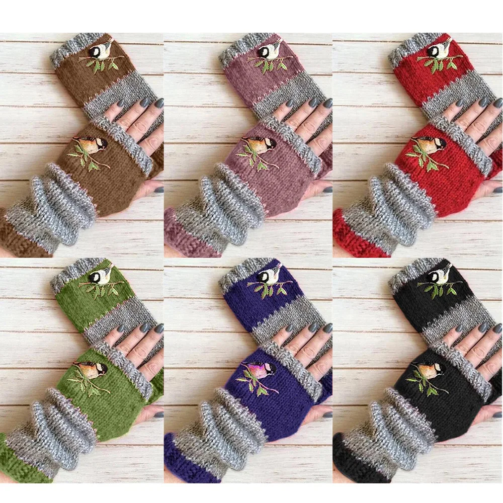 

Зимние женские велосипедные перчатки, теплые вязаные перчатки, простые рукава, подтяжки на запястье, модные перчатки с вышивкой птицы, Лидер продаж 2023