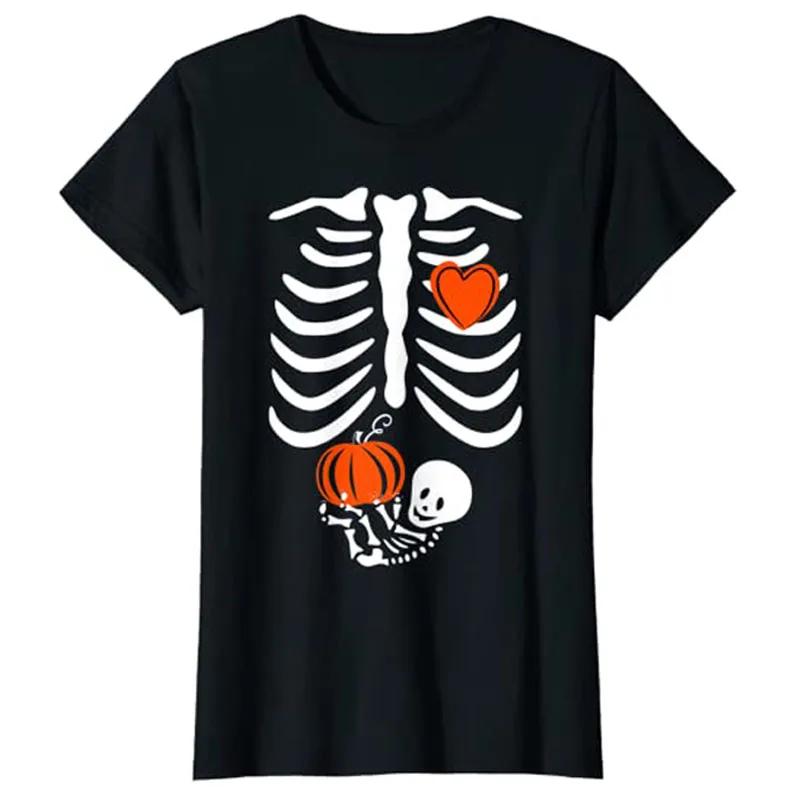 

Womens Skeleton Baby Pregnant Xray Rib Cage Halloween Costume T-Shirt Pregnancy Announcement Aesthetic Clothes Wife Funny Tees