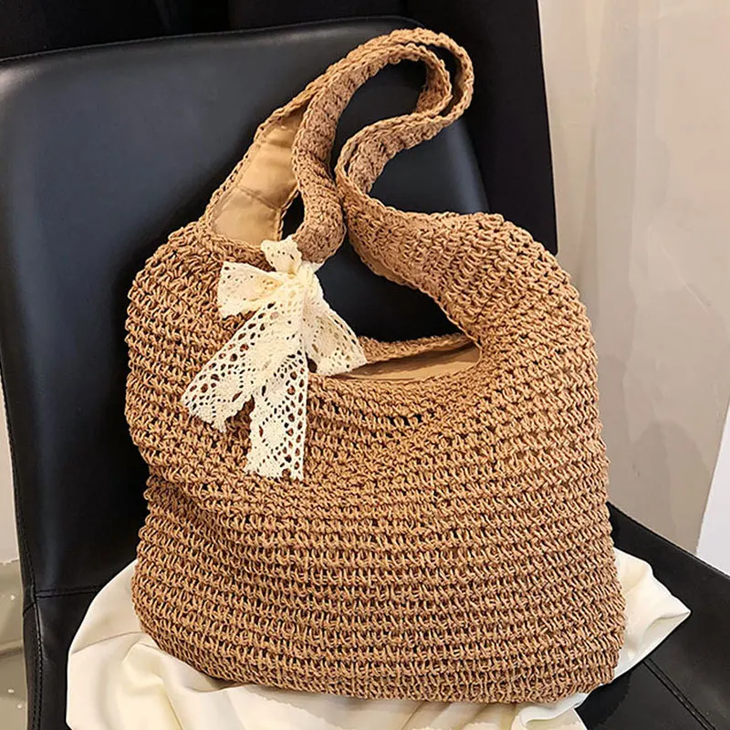 

Women Straw Woven Shoulder Bag 2023 Spring Summer Beach Bag Pouch for Women Handmade Travel Handbag High Capacity Underarm Bags