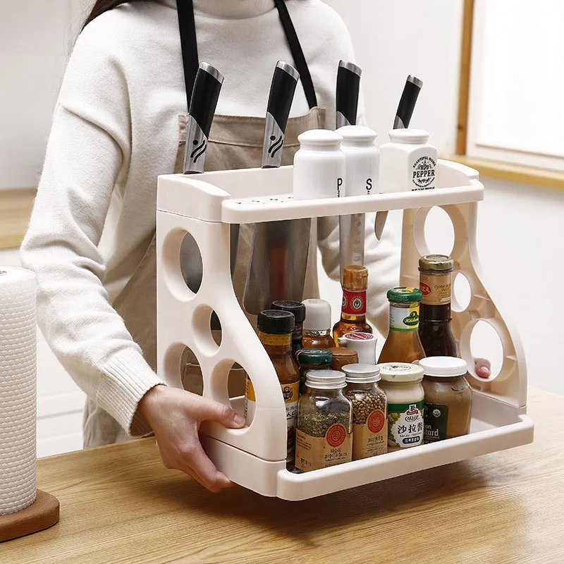 

Multifunctional Plastic Double-layer Kitchen Storage Supplies Hole Free Ground Seasoning Shelf Desktop Slit Storage Spice Shelf