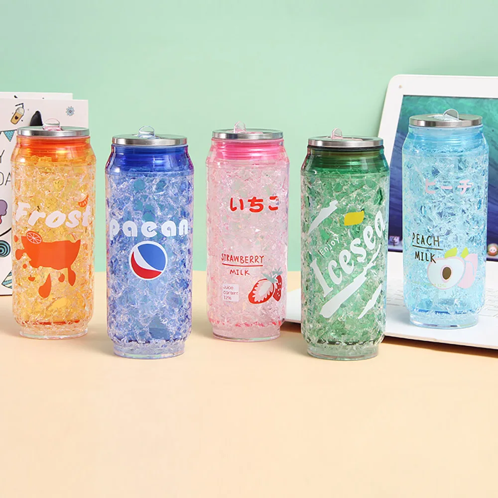 Taza de bebida fría de 450Ml con pajita y tapa, termo de plástico de doble pared con forma de lata, botella para café de Cola helada, taza de agua