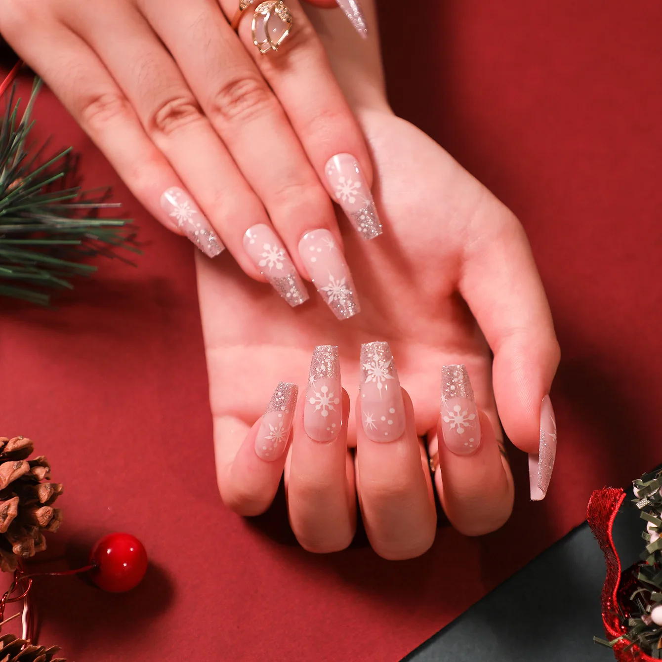 

24Pcs/Box Christmas Fake Nails With 24Pcs Glue Sticker Nail Tips Press On Nails French Tips Artifical Nails False Nails