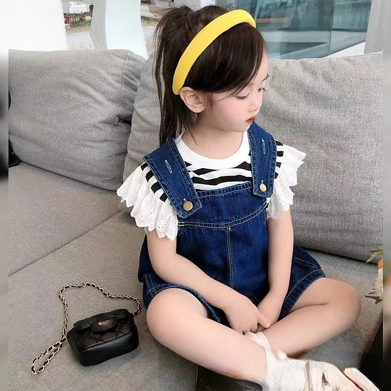 

Girls' Summer 2023 Jumpsuit Fashionable Denim Suspender Short-Sleeved T-shirt Fifth Pants Suit Girl Clothes Toddler Girl Clothes