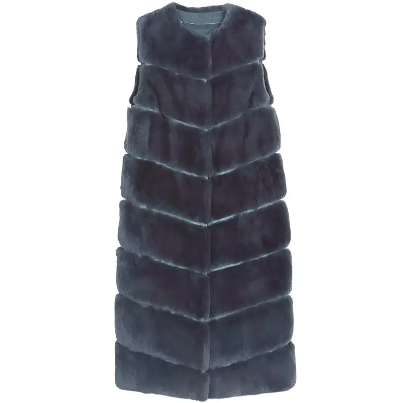 Women Real Rabbit Fur Long Vest Winter Soft Warm Thick Outwear Rex Rabbit Fur Ladies Sleeveless Coat Mid-length Natural Fur Vest