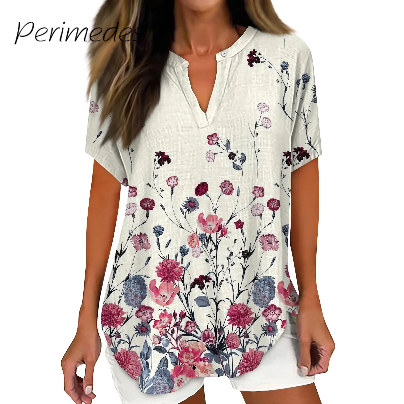 Женская льняная футболка с пуговицами на воротнике и Боковым Разрезом