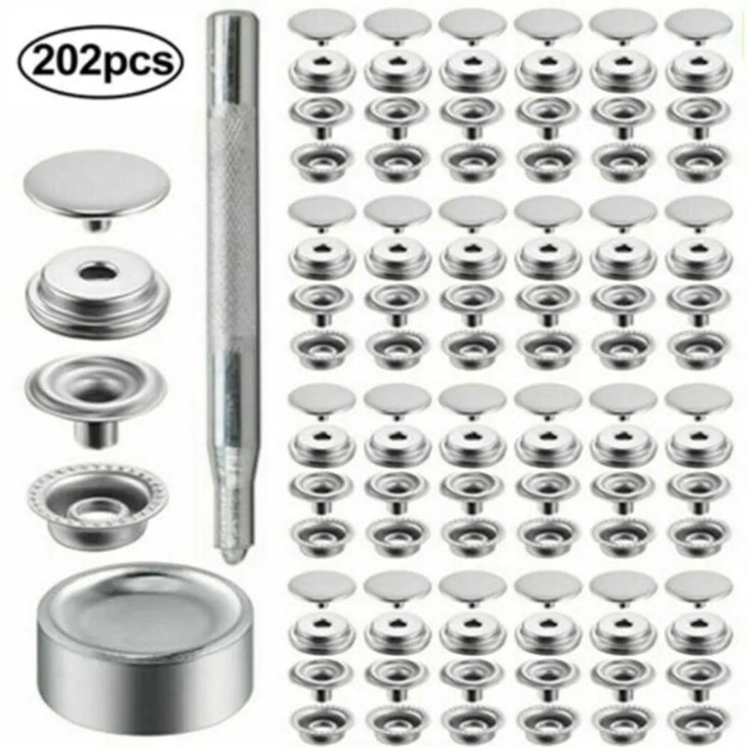 

202pcs 15mm Stainless Steel Tapping Snap Fastener Kit Tent Marine Yacht Boat Canvas Cover Tools Sockets Buttons Silver Buttons