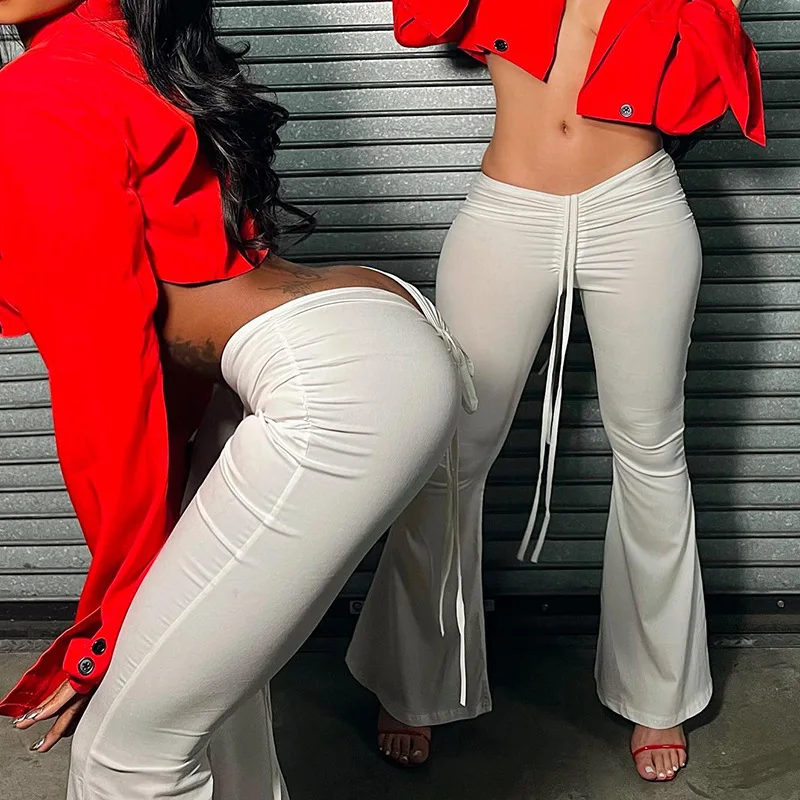 

Летние сексуальные женские модные брюки-клеш в стиле ретро, темпераментные облегающие повседневные брюки со складками и шнурком