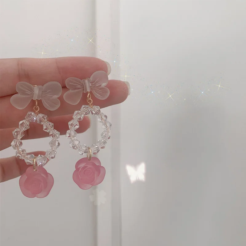 

2022 New Sweet Lady Dating Girl Bow Diamond Pendant Earrings For Women Pink Rose Temperament Personality Korean Fashion Gifts