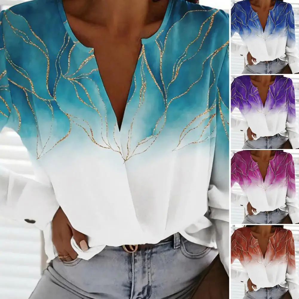 

Chic Women Casual Gradient Color Floral Print Shirt Blouse Pullover Shirt Sweat Absorbing Quick Drying
