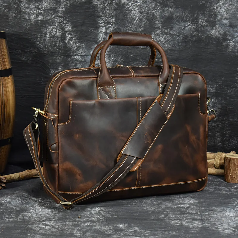 Genuine Leather Men's Leather Briefcase Vintage Fashion Leather Handbags for Men Male Laptop Bag Business Computer Bags for 15.6
