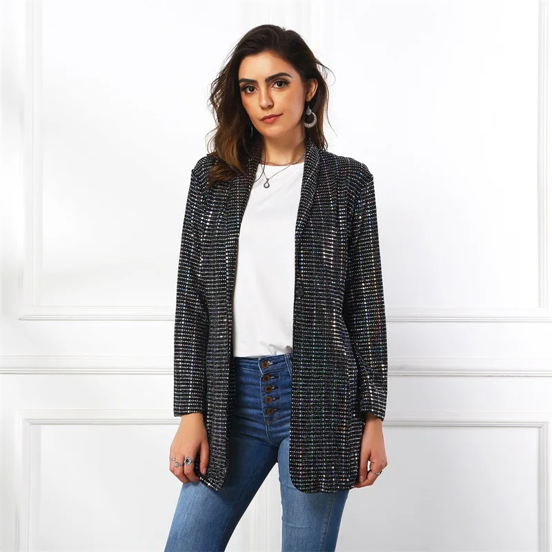 Fashion Sequin Blazer Women Bright Silver Single Button Casual Office Blazer Spring Autumn Work Suit Vintage British Style Slim