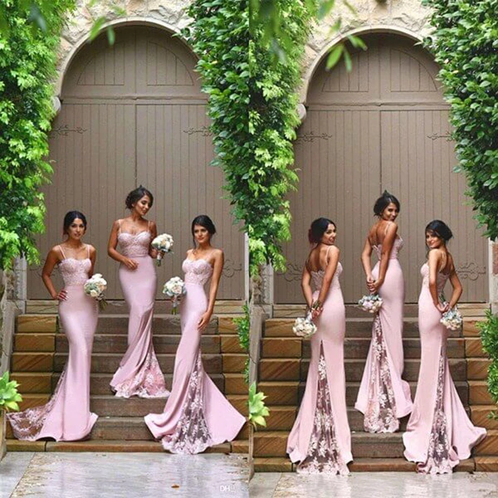 

New Spaghetti-Bearers Lace Satin Bridesmaids Dresses Applique Prom Dresses Mermaid Bridesmaids Dresses Long Wedding Guest