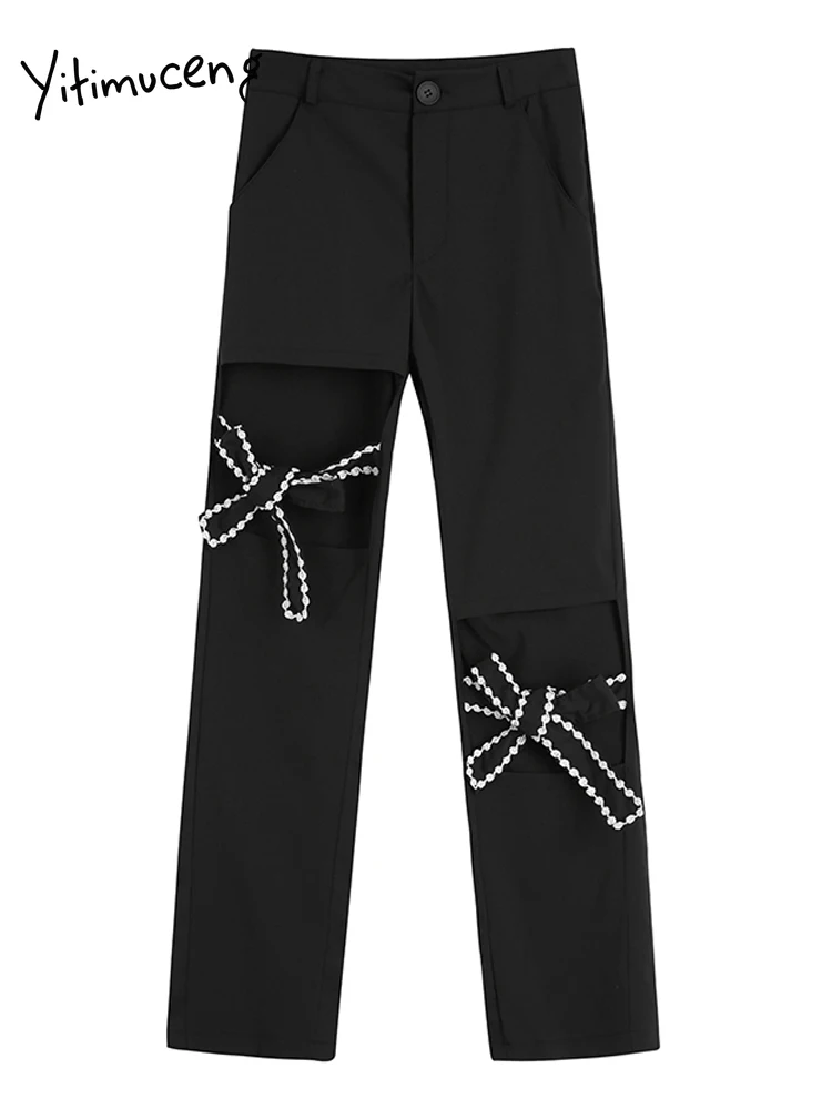 Черные повседневные Прямые брюки с бантом на шнуровке карманами пуговицах