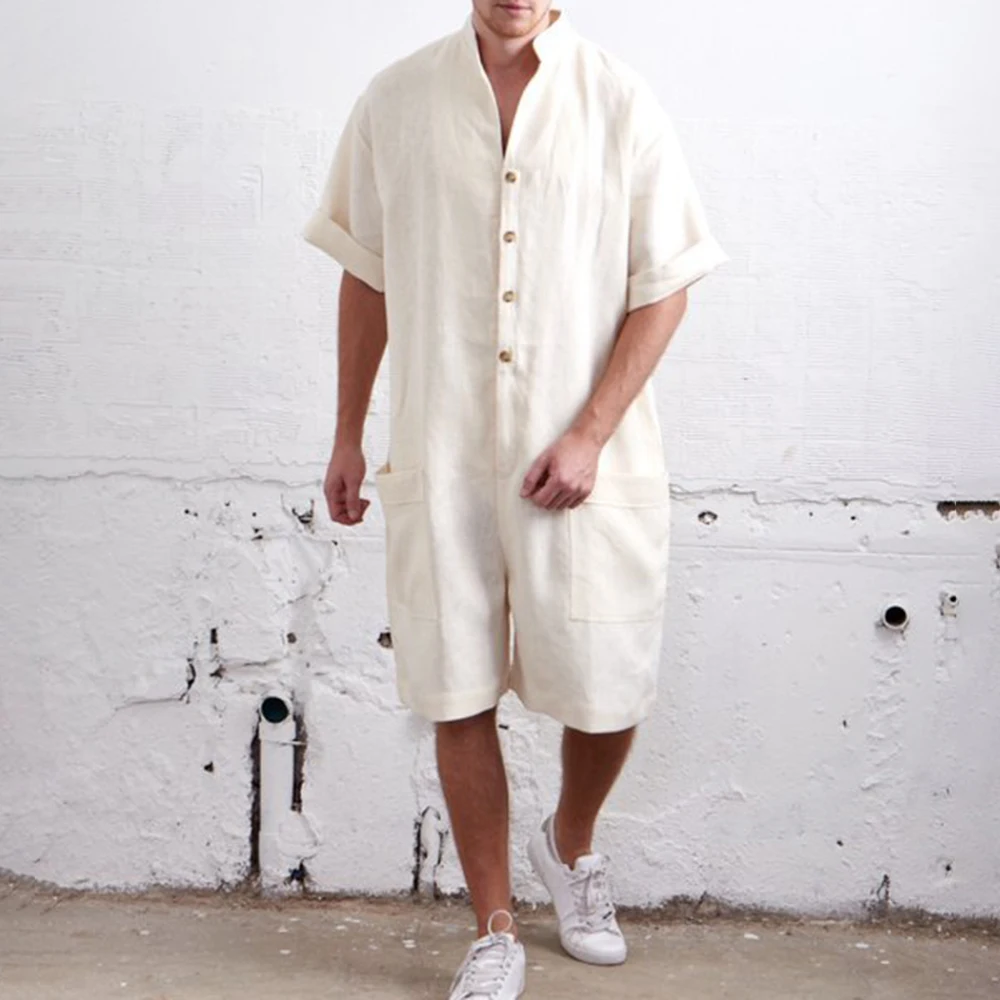 Rompers Men's Short Sleeve T-Shirt Solid Men Stand Collar Single-Breasted Hip-hop Shorts Jumpsuit Casual Loose LGBT Bodysuit