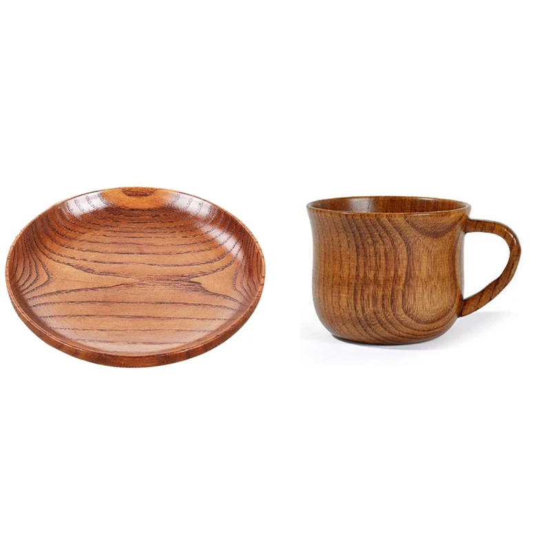 

2 Pcs Round Kitchen Utensils: 1Pcs 175Ml Mug Natural Solid Wood Vintage Teacup Coffee Cup & 1Pcs Tableware Wooden Bread Dish Tra