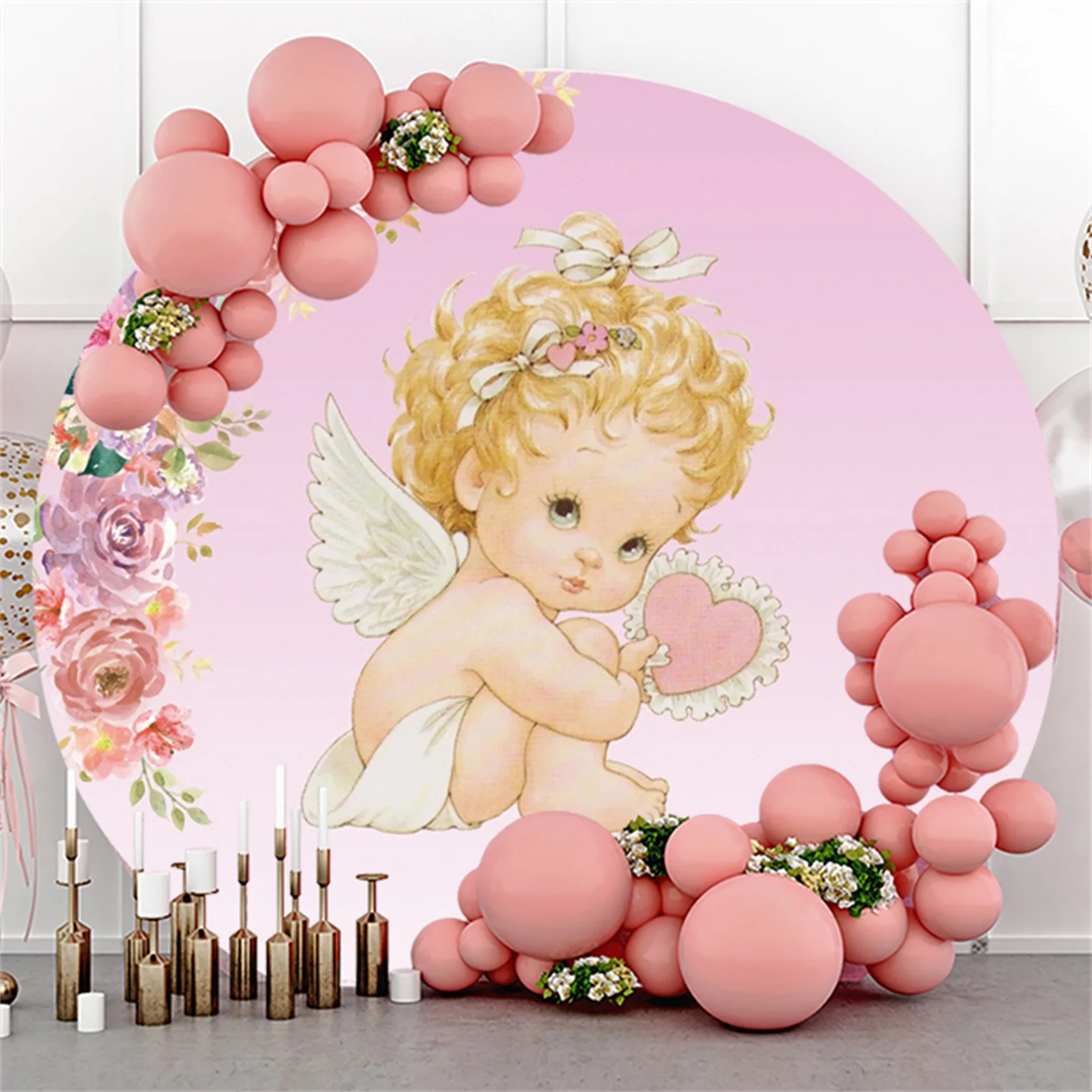 

Circle Round Backdrops God Bless Pink Background Baptism First Holy Communion Angel Baby Shower Girls Baptism Decorations