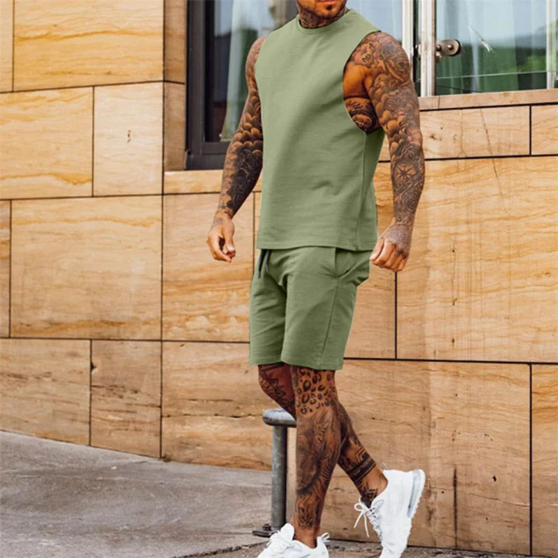 

Men's Solid Color Simple Two-piece Sets Casual Thin Section Lace-up Five-piece Pants Sleeveless Tops Summer Sports Male Suits 23