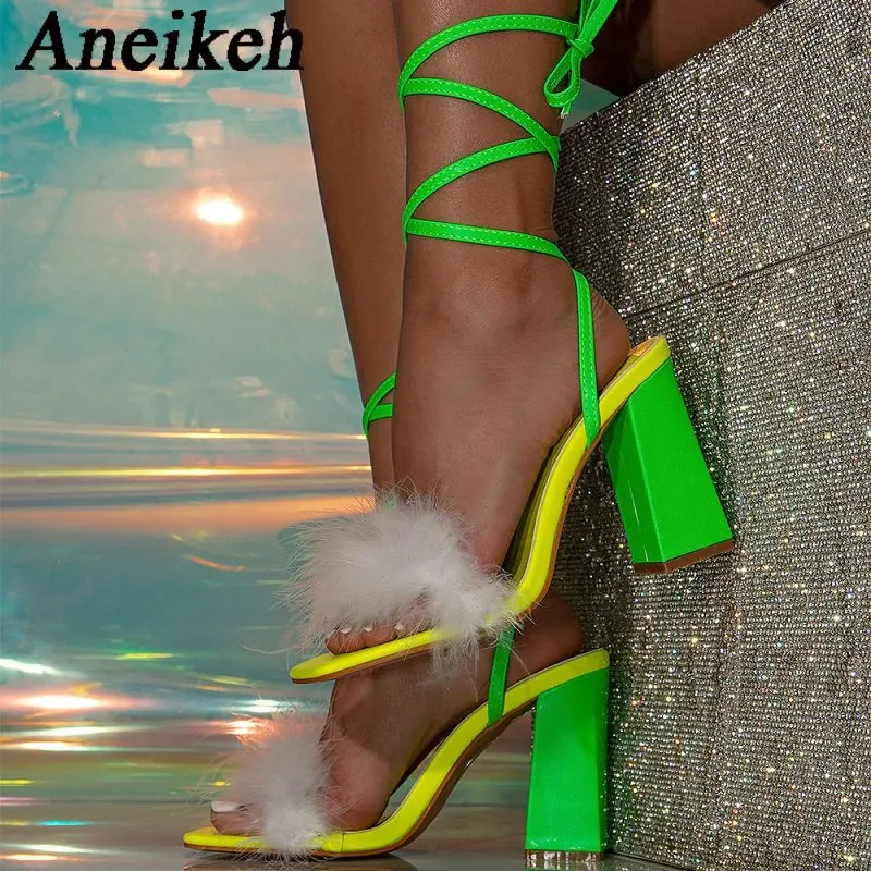 

Женские полиуретановые сандалии Aneikeh, разноцветные босоножки на толстом каблуке с квадратным носком, украшенные перьями, на шнуровке, на высоком каблуке, для свадьбы, Размеры 35-42, 2024