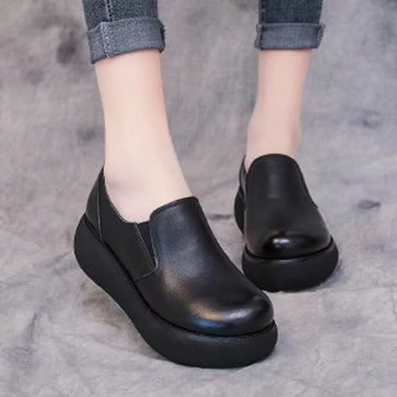 

Genuine PU Leather Retro Shoes Platform Increase Shoes Woman Wedges High Heels 2021 New Comfortable Casual Trendy Shoes Sneakers