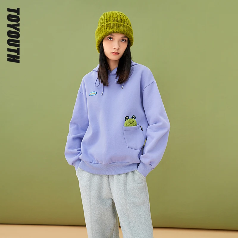 

Toyouth Women Sweatshirts with Hat Winter O Neck Loose Hoodies Frog Embroidered Cotton Lined Casual Chic Pullovers
