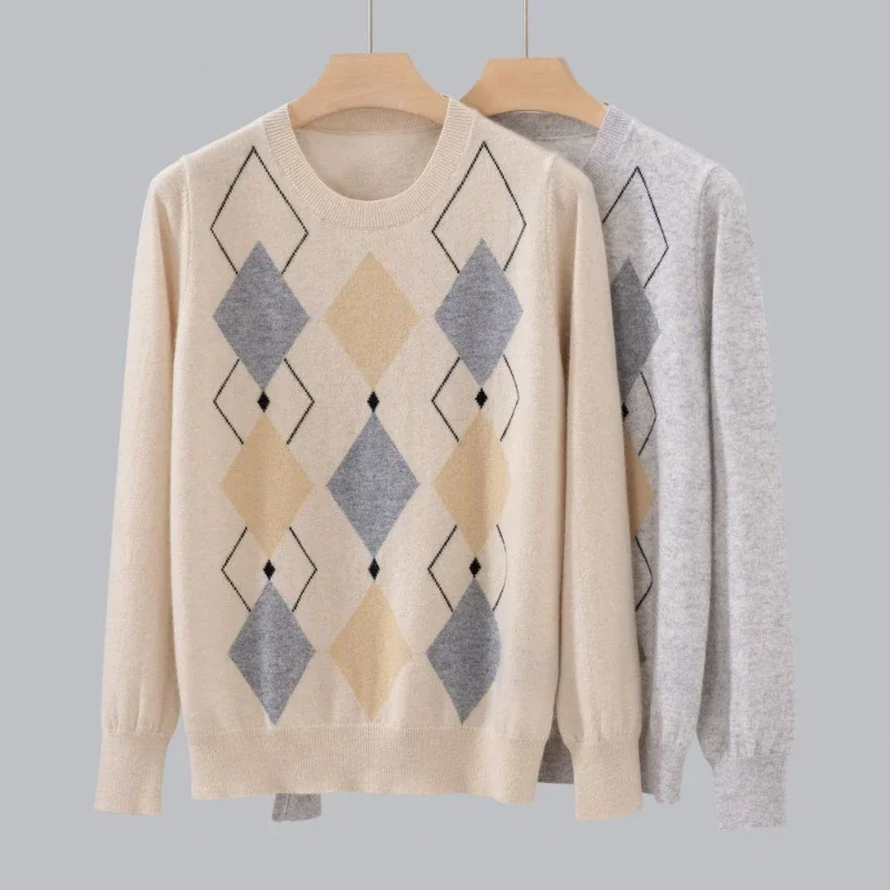 

Новинка 2023, Осень-зима, женский кашемировый тонкий свитер с круглым вырезом и ромбовидным узором и длинными рукавами