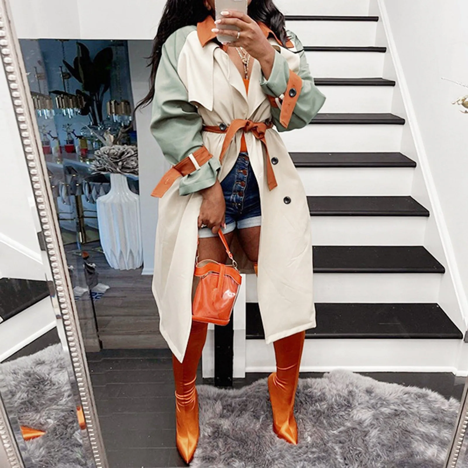 

Women's Autumn And Winter Fashion Casual Lapel Button Long Sleeve Windbreaker Coat House 6 Raincoat Summer