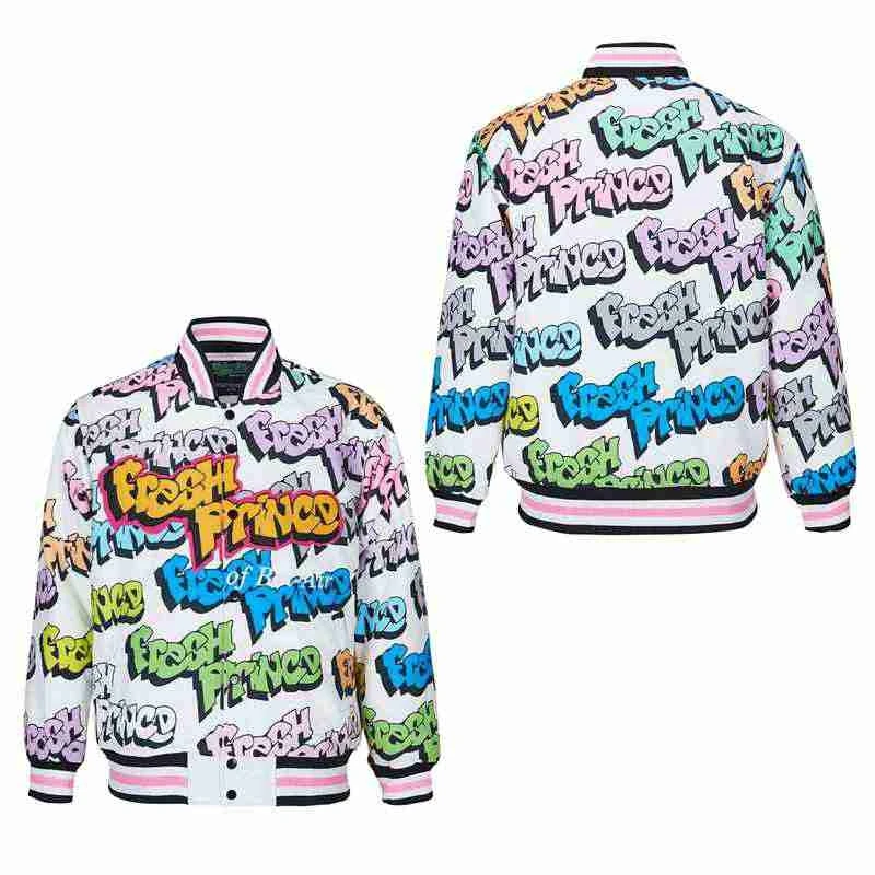 

BG American football Jacket FRESH PRINCE JAZZY JEFF FRESH PRINCE SATIN JACKET Embroidery sewing outdoor exercise coat white