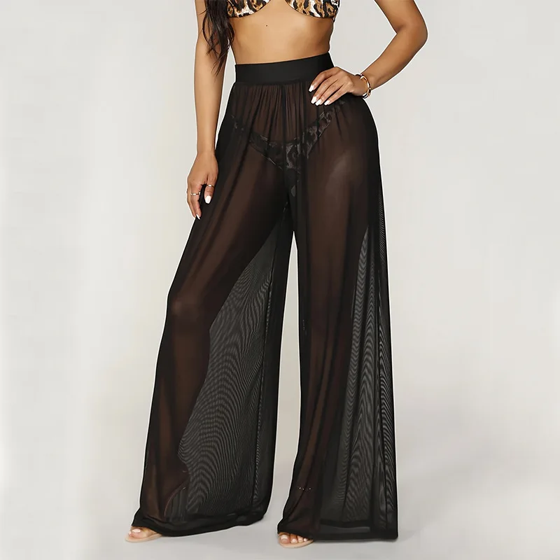Фото Женские широкие брюки с высокой талией из прозрачной сетки, полупрозрачные брюки-палаццо в горошек, пляжные брюки-накидка для бикини, клубные свободные брюки №2