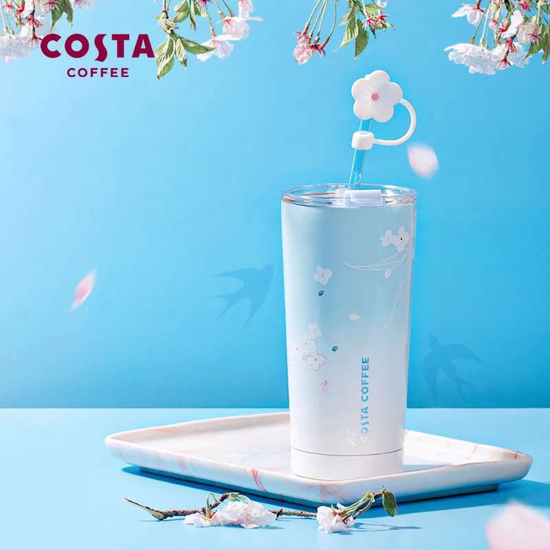 

New COSTA Sakura Flower language blue Stainless Steel Tumbler Accompanying Cup High-capacity Outdoor Sport Straw Cup 530ML gift