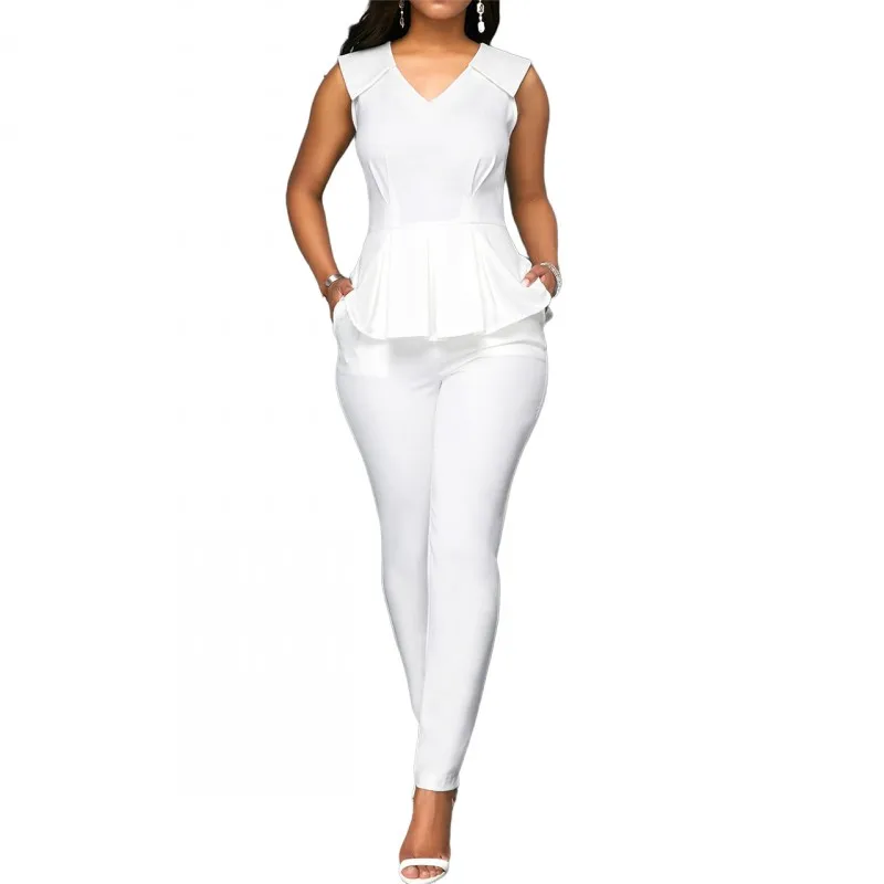 

Two Piece Women Set Sleeveless Ruffle Patchwork Tops Outfits 2022 New Fashion Pockets Skinny Office Lady Pencil Pant Suits Sets