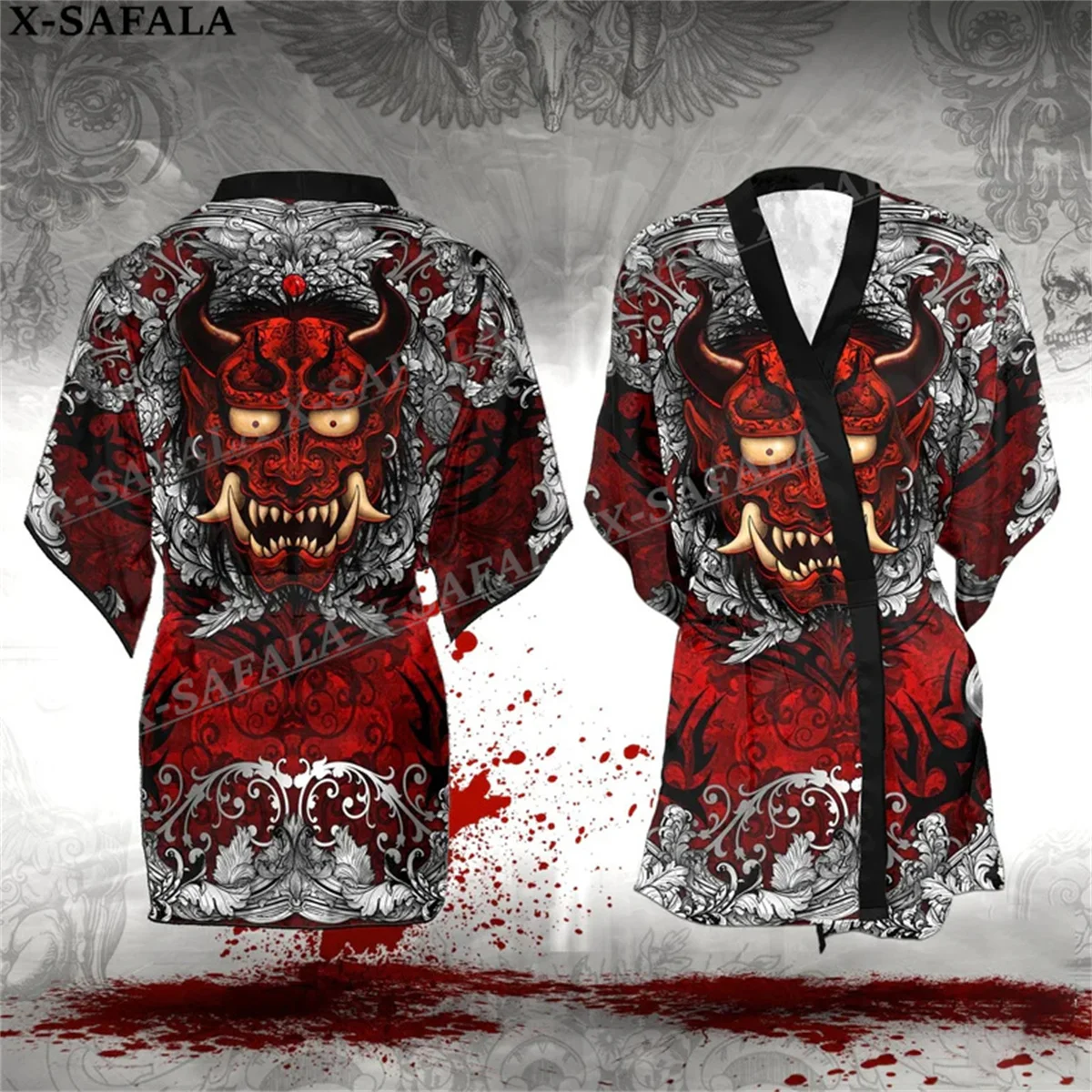 

Japanese Samurai Oni Mask Tattoo 3D Print Kimono Robe Men Women Harajuku Shirt Indie Alternative Cover Up Beach Outfit -5